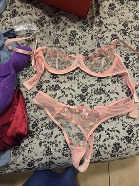 SHEIN Pink Sheer Floral Embroidered Underwire Bra & Thong Set